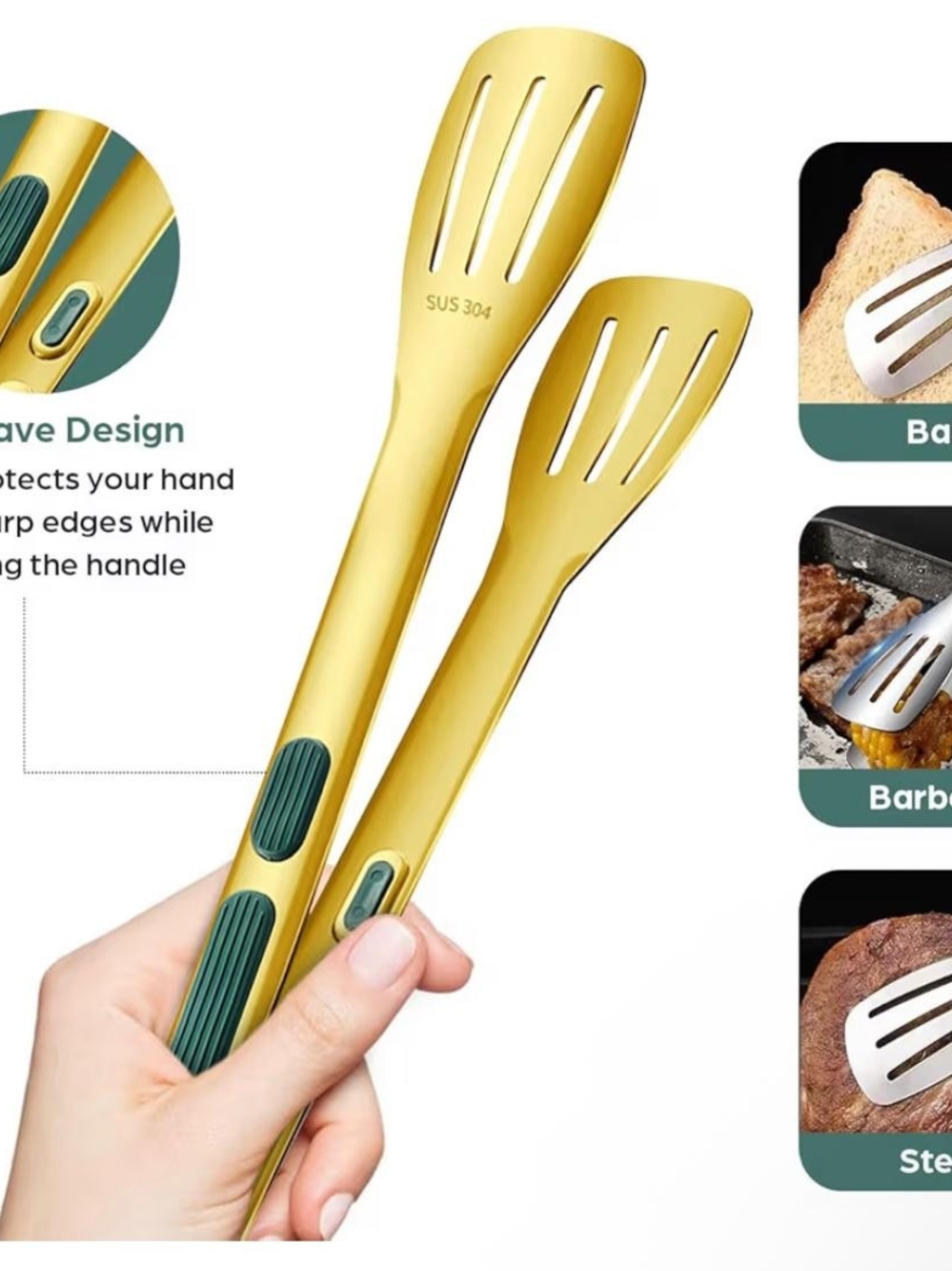 Stainless Steel Slotted Serving Tongs - Gold & Silver - Picture 5 of 6